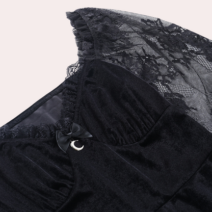 Women's Dress - Velvet - Fit & Flare - Lace - Lace Sleeves - Elegant Party Dress