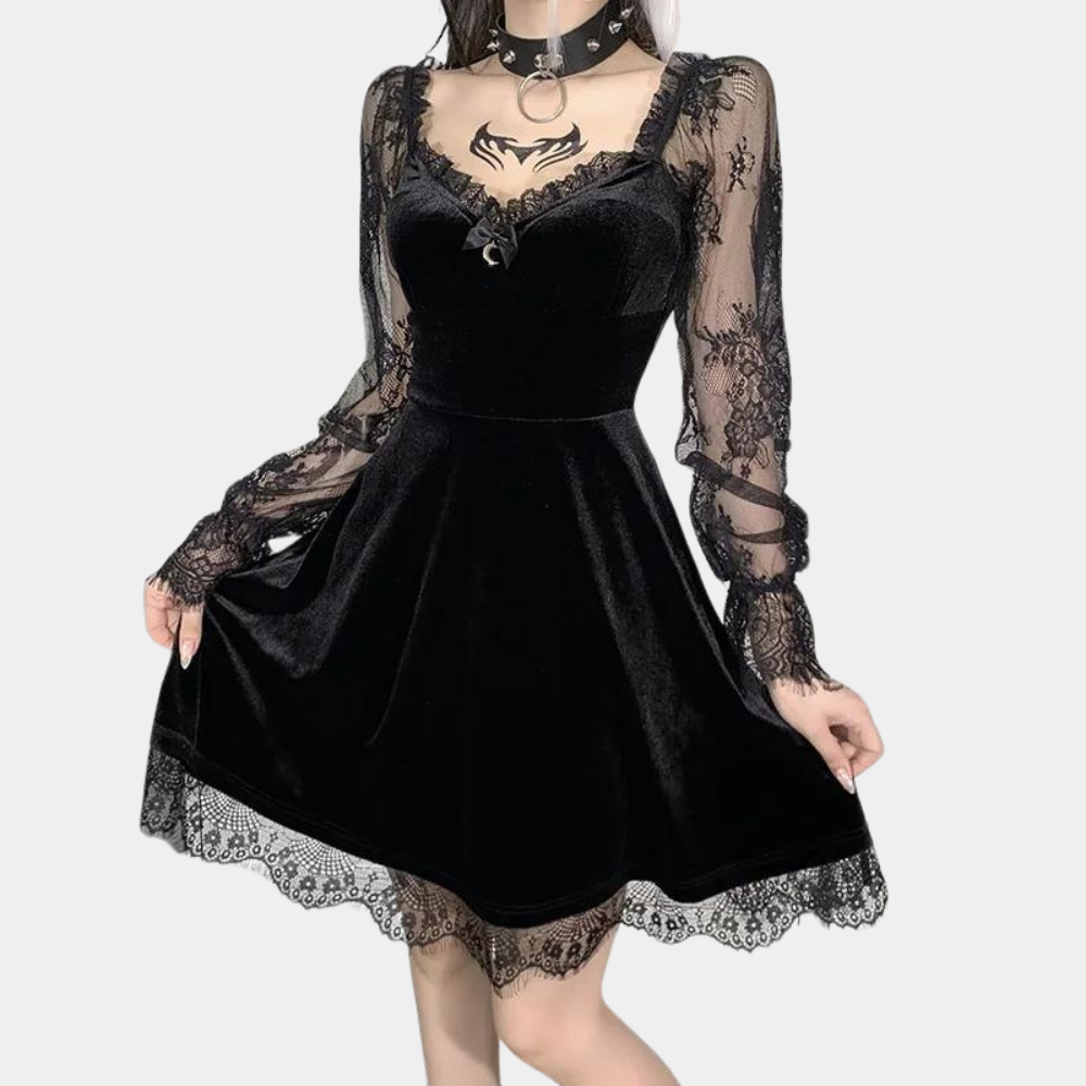 Women's Dress - Velvet - Fit & Flare - Lace - Lace Sleeves - Elegant Party Dress