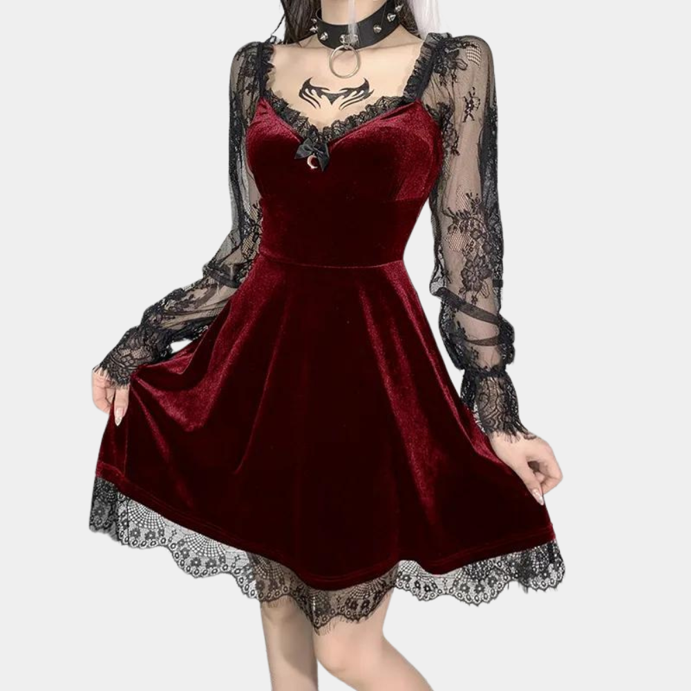 Women's Dress - Velvet - Fit & Flare - Lace - Lace Sleeves - Elegant Party Dress