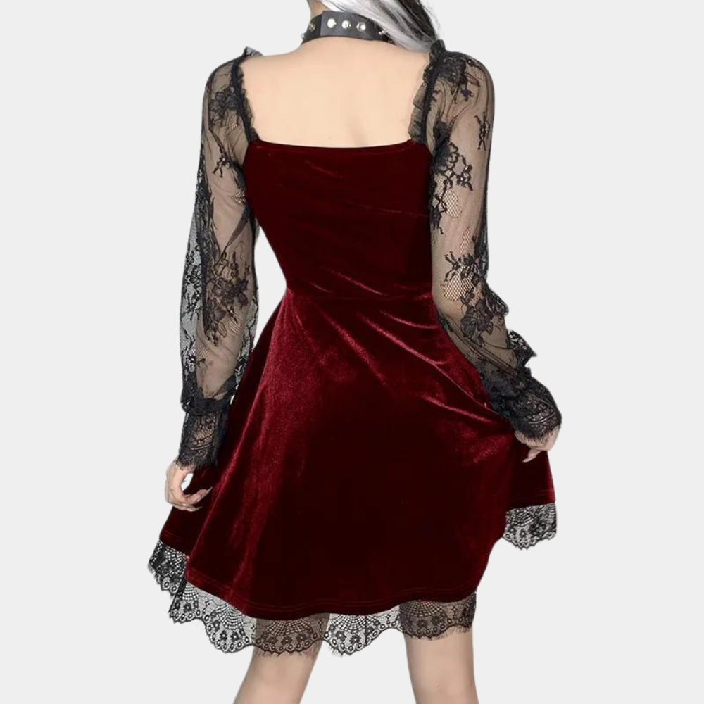 Women's Dress - Velvet - Fit & Flare - Lace - Lace Sleeves - Elegant Party Dress