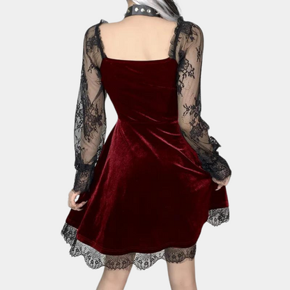 Women's Dress - Velvet - Fit & Flare - Lace - Lace Sleeves - Elegant Party Dress