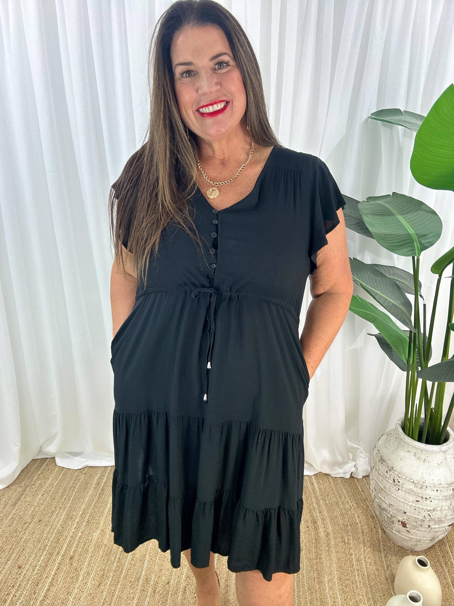 Women's Dress - V-neck - Button Closure - Adjustable Waist - Short Sleeves - Loose Fit