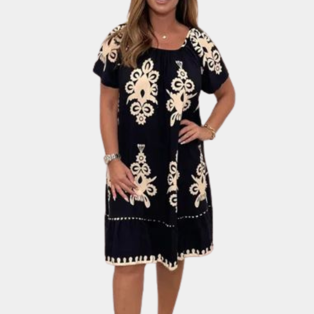 Women's Dress - Relaxed Fit - Knee Length - Short Sleeves - Embroidered Pattern