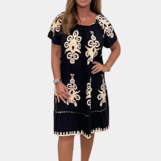 Women's Dress - Relaxed Fit - Knee Length - Short Sleeves - Embroidered Pattern
