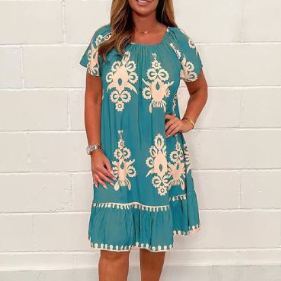 Women's Dress - Relaxed Fit - Knee Length - Short Sleeves - Embroidered Pattern