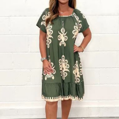 Women's Dress - Relaxed Fit - Knee Length - Short Sleeves - Embroidered Pattern