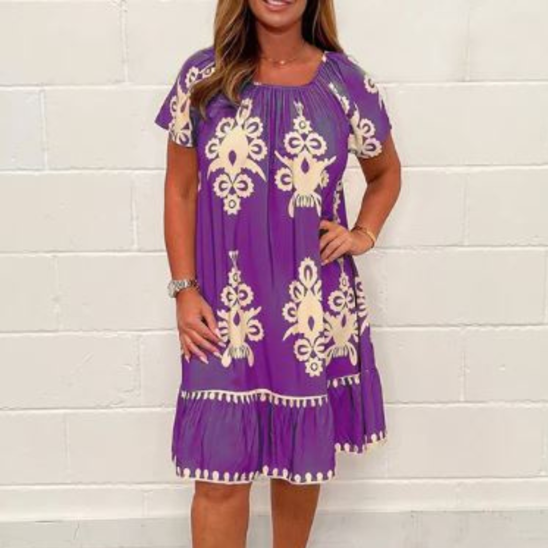 Women's Dress - Relaxed Fit - Knee Length - Short Sleeves - Embroidered Pattern