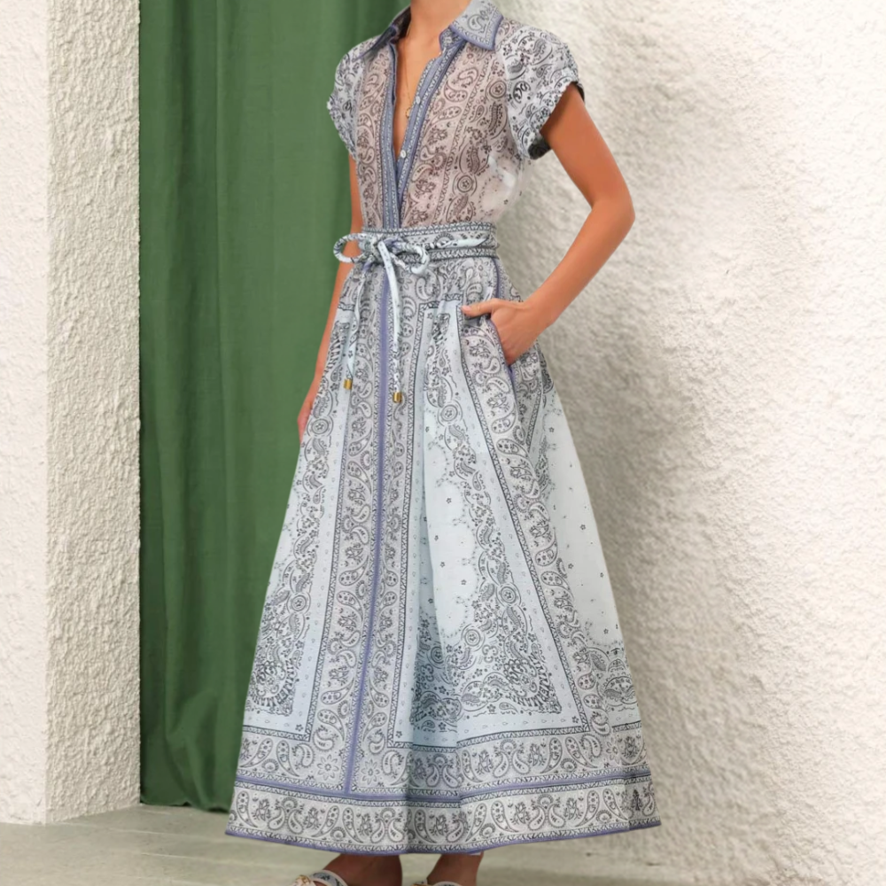 Women's Dress - Lightweight Fabric - Short Sleeve with Collar - Waistband and Side Pockets - Elegant Print