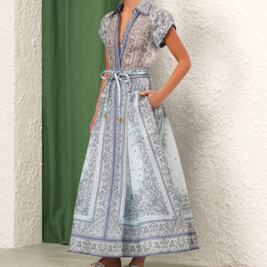 Women's Dress - Lightweight Fabric - Short Sleeve with Collar - Waistband and Side Pockets - Elegant Print
