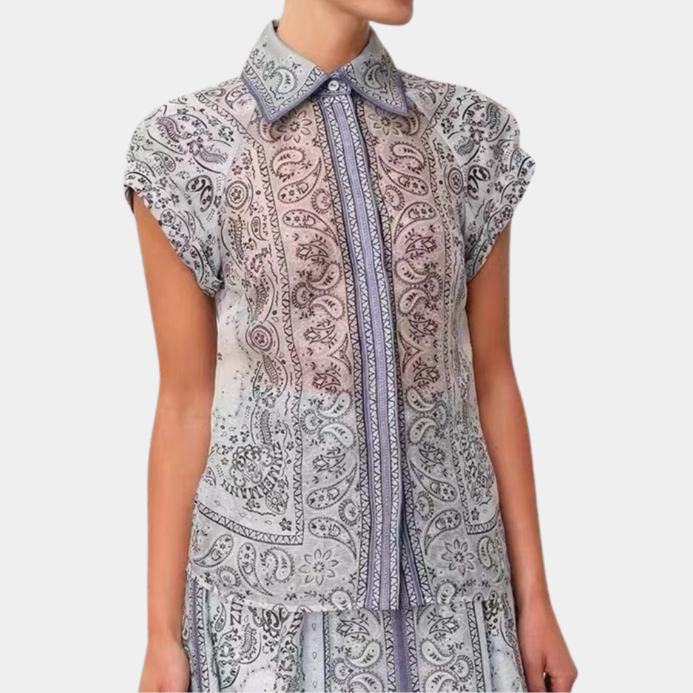 Women's Dress - Lightweight Fabric - Short Sleeve with Collar - Waistband and Side Pockets - Elegant Print