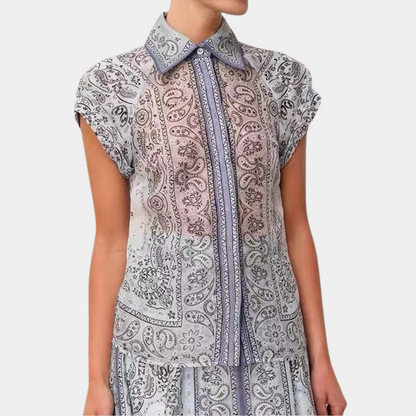 Women's Dress - Lightweight Fabric - Short Sleeve with Collar - Waistband and Side Pockets - Elegant Print