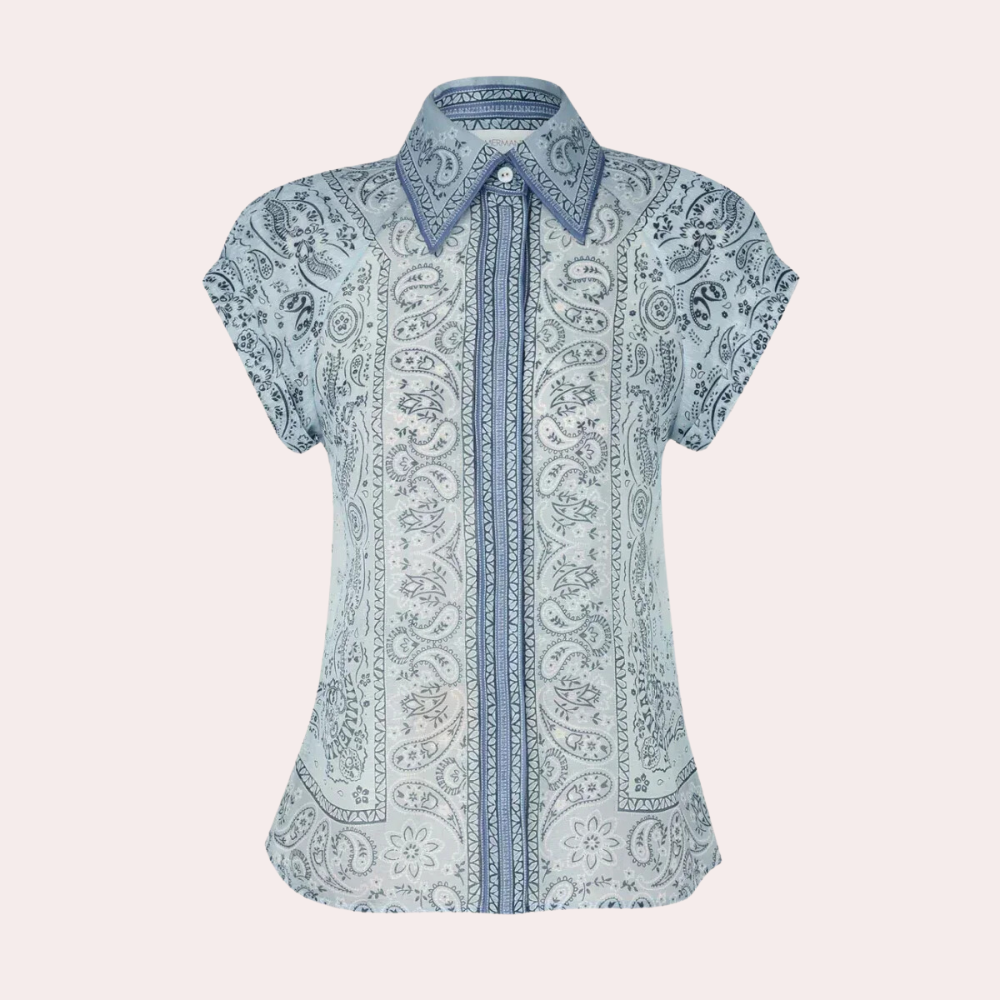 Women's Dress - Lightweight Fabric - Short Sleeve with Collar - Waistband and Side Pockets - Elegant Print