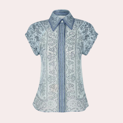 Women's Dress - Lightweight Fabric - Short Sleeve with Collar - Waistband and Side Pockets - Elegant Print