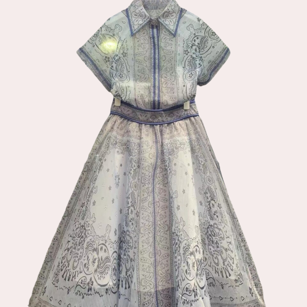 Women's Dress - Lightweight Fabric - Short Sleeve with Collar - Waistband and Side Pockets - Elegant Print