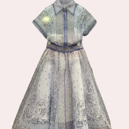 Women's Dress - Lightweight Fabric - Short Sleeve with Collar - Waistband and Side Pockets - Elegant Print