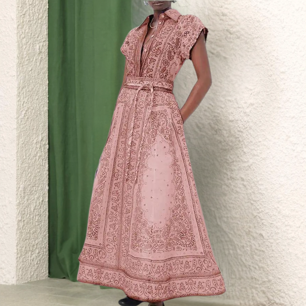 Women's Dress - Lightweight Fabric - Short Sleeve with Collar - Waistband and Side Pockets - Elegant Print