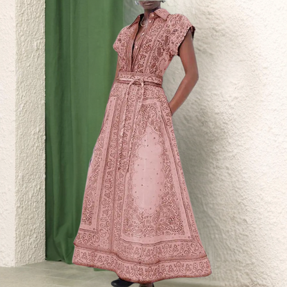 Women's Dress - Lightweight Fabric - Short Sleeve with Collar - Waistband and Side Pockets - Elegant Print