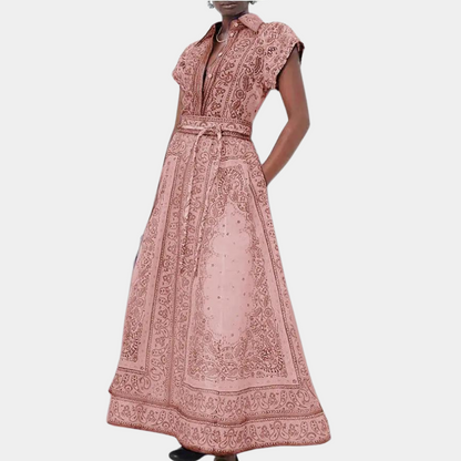 Women's Dress - Lightweight Fabric - Short Sleeve with Collar - Waistband and Side Pockets - Elegant Print