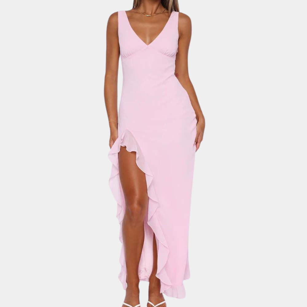 Women's Dress - Sleeveless Maxi - Deep V-Neck - High Slit - Elegant and Flattering