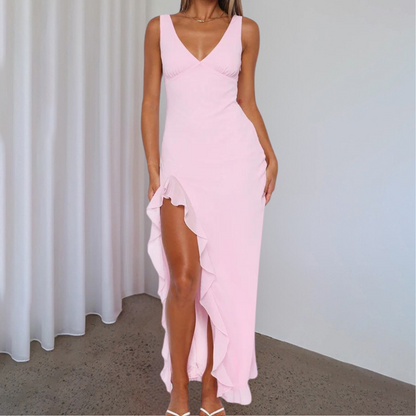 Women's Dress - Sleeveless Maxi - Deep V-Neck - High Slit - Elegant and Flattering