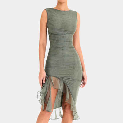 Women's Dress - Sleeveless Asymmetric - Elegant Cut with Draping and Ruffle Details