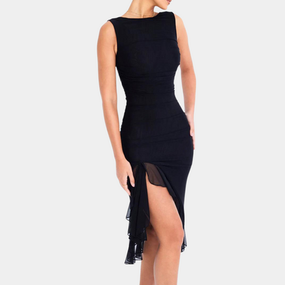 Women's Dress - Sleeveless Asymmetric - Elegant Cut with Draping and Ruffle Details