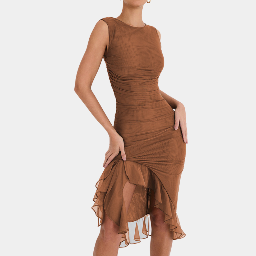 Women's Dress - Sleeveless Asymmetric - Elegant Cut with Draping and Ruffle Details