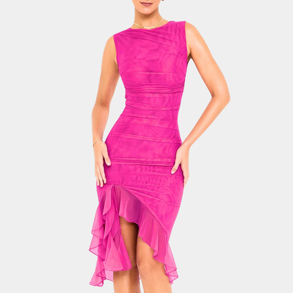 Women's Dress - Sleeveless Asymmetric - Elegant Cut with Draping and Ruffle Details