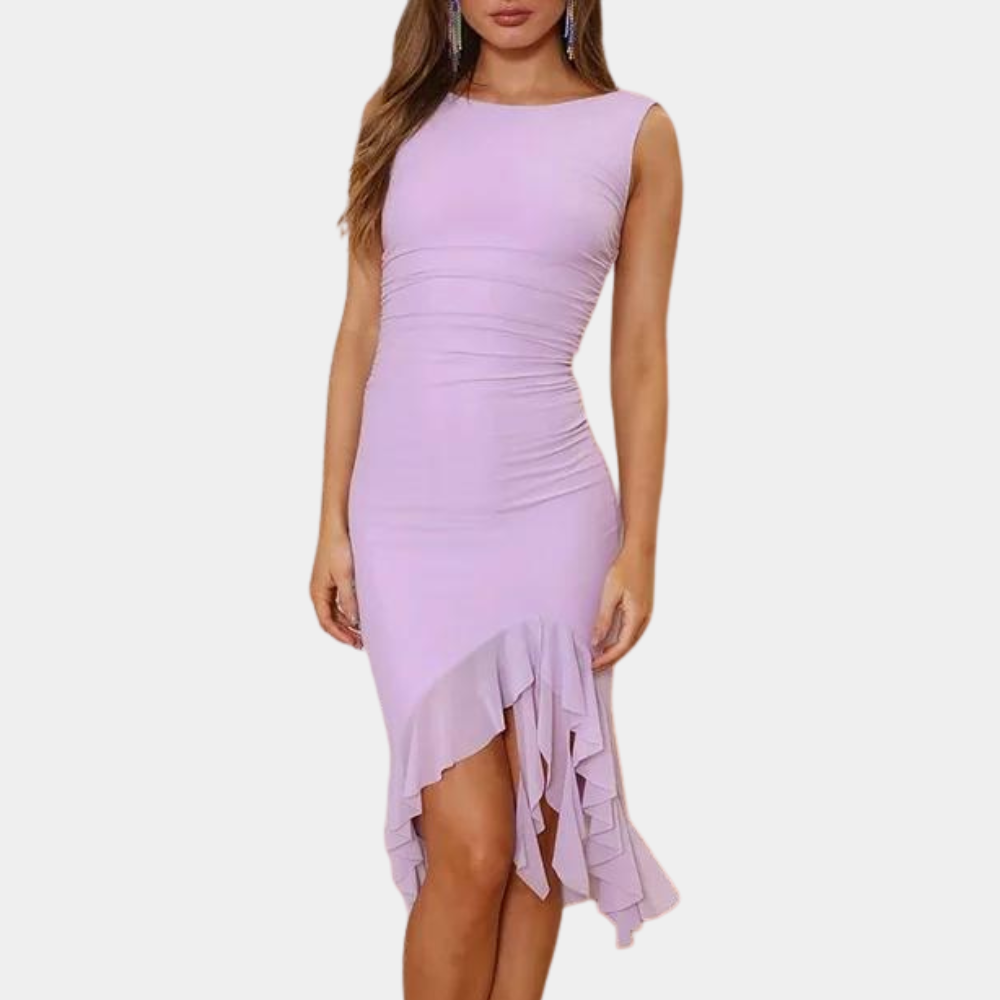 Women's Dress - Sleeveless Asymmetric - Elegant Cut with Draping and Ruffle Details