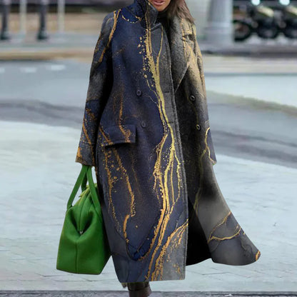 Women's Overcoat – Oversize Fit – Full Length – Wool – Abstract Pattern – Button Closure