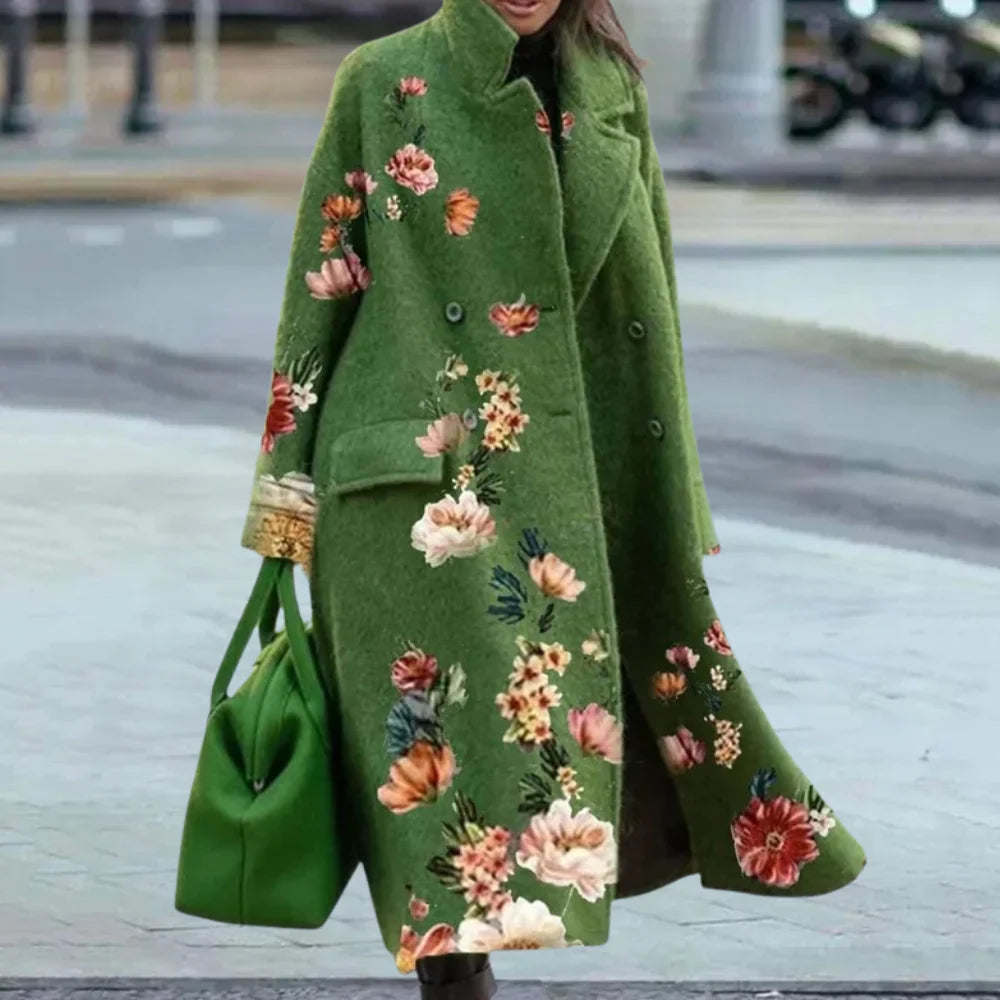 Women's Overcoat – Oversize Fit – Full Length – Wool – Abstract Pattern – Button Closure