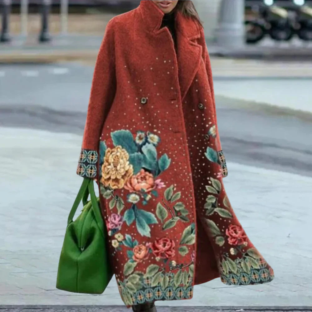 Women's Overcoat – Oversize Fit – Full Length – Wool – Abstract Pattern – Button Closure