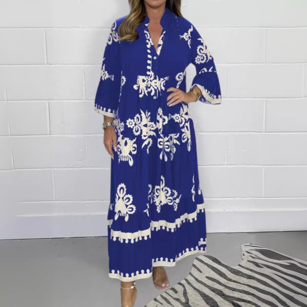 Women's Maxi Dress - Loose Fit - V-Neck with Buttons - Floral Embroidery - Long Sleeves