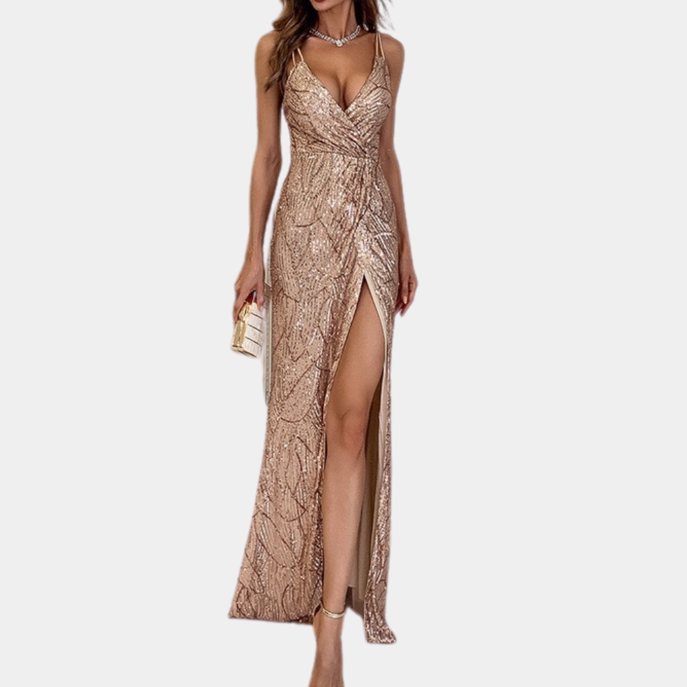 Women's Evening Dress - Elegant Sequins - Slim Fit - High Slit - Spaghetti Straps