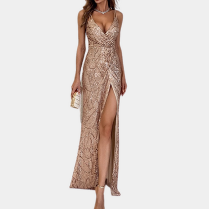 Women's Evening Dress - Long Slit - Sequin Design - V-Neck - Spaghetti Straps