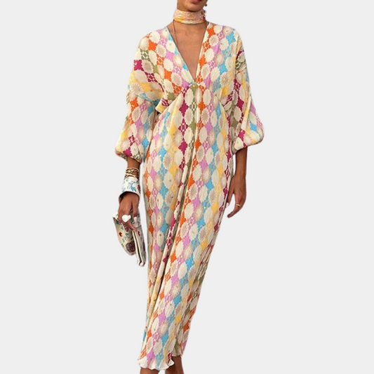 Women's Maxi Dress - Geometric Pattern - V-Neck - Long Puff Sleeves - Bohemian Style