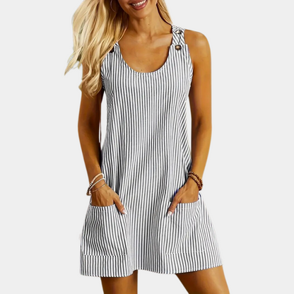 Women's Dress - Sleeveless A-line - Striped Pattern - Button Details & Pockets