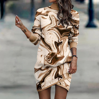 Women's Knit Dress - High Neck - Loose Fit - Long Sleeves with Animal Print Detail