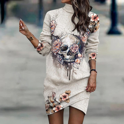 Women's Knit Dress - High Neck - Loose Fit - Long Sleeves with Animal Print Detail