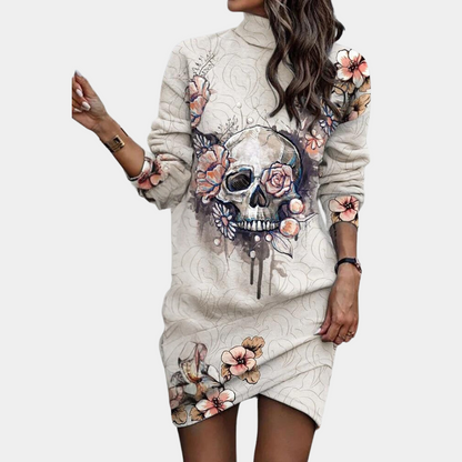 Women's Knit Dress - High Neck - Loose Fit - Long Sleeves with Animal Print Detail