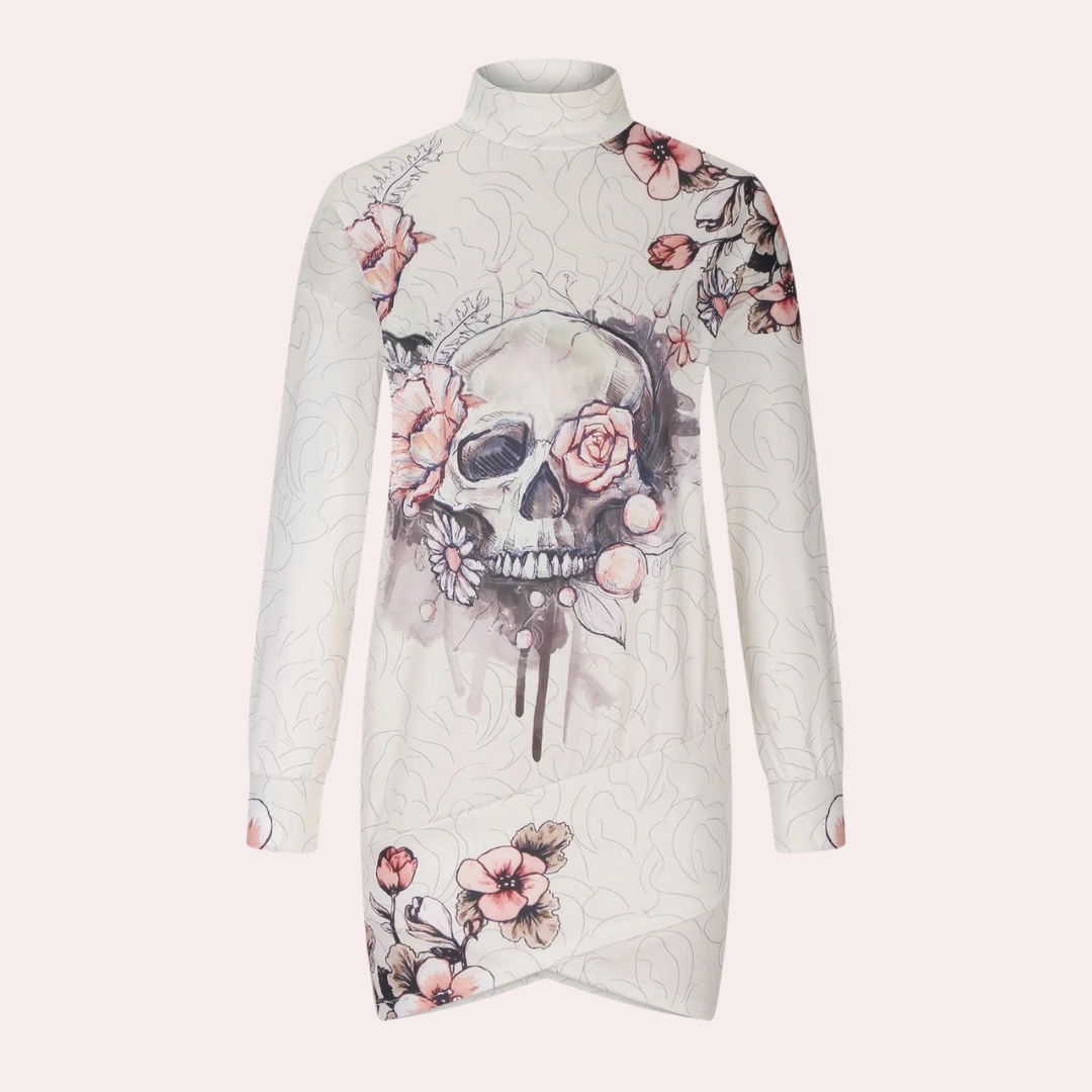 Women's Knit Dress - High Neck - Loose Fit - Long Sleeves with Animal Print Detail