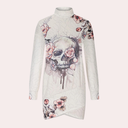 Women's Knit Dress - High Neck - Loose Fit - Long Sleeves with Animal Print Detail