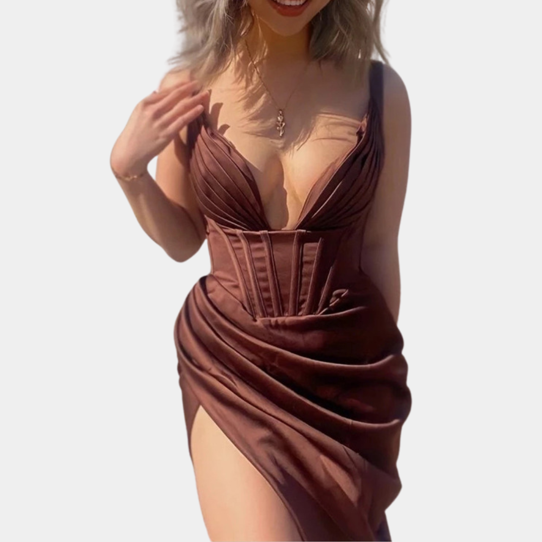 Women's Dress - Elegant Corset Fit - Deep V-Neckline - Draped with High Slit