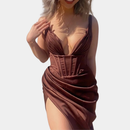 Women's Dress - Elegant Corset Fit - Deep V-Neckline - Draped with High Slit