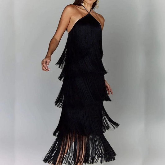 Women's Dress - Halterneck - Sleeveless - Ruffle Layer with Fringes - Elegant Party Look