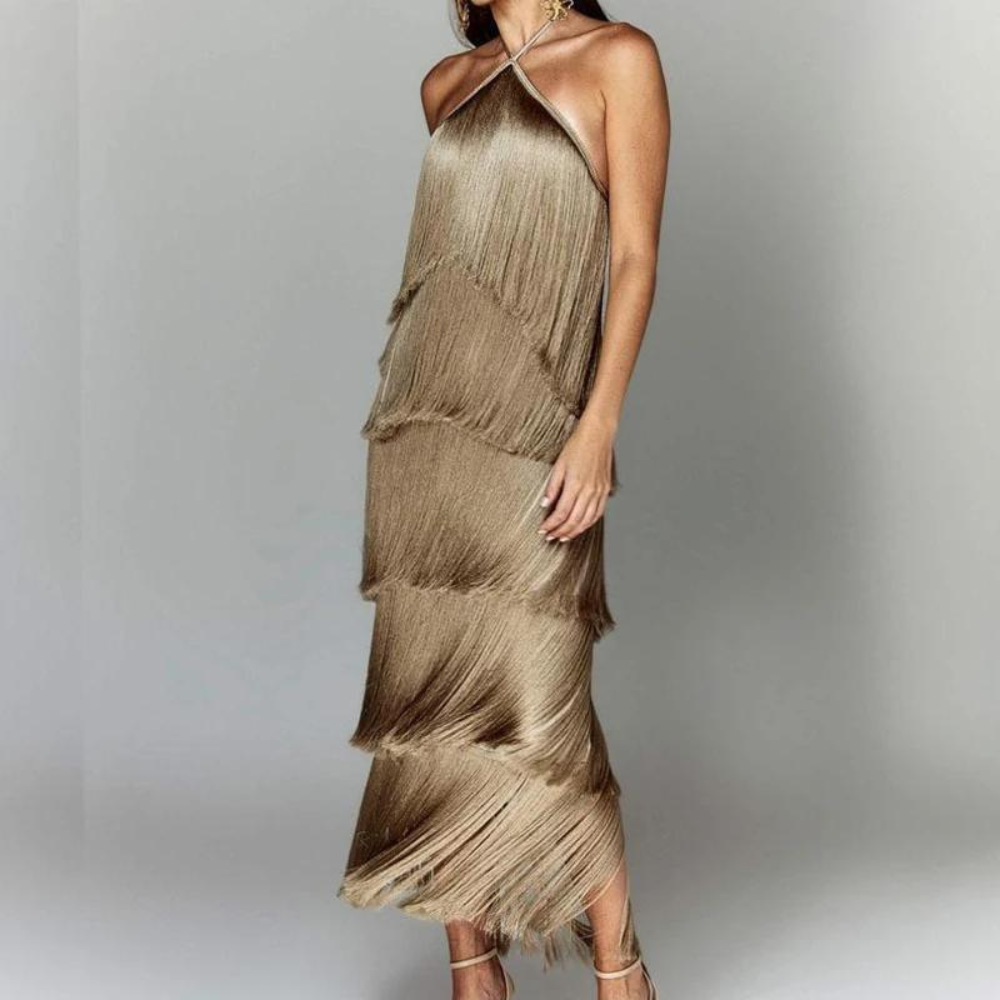 Women's Dress - Halterneck - Sleeveless - Ruffle Layer with Fringes - Elegant Party Look