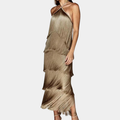 Women's Dress - Halterneck - Sleeveless - Ruffle Layer with Fringes - Elegant Party Look