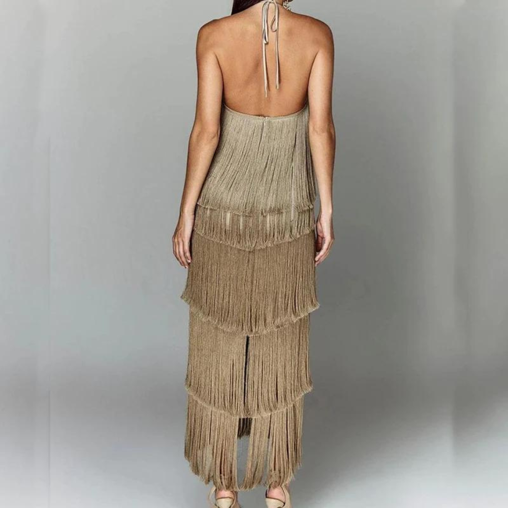 Women's Dress - Halterneck - Sleeveless - Ruffle Layer with Fringes - Elegant Party Look