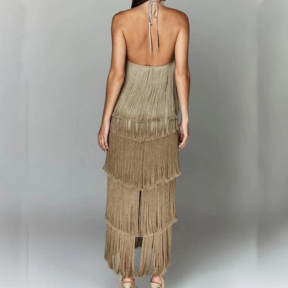 Women's Dress - Halterneck - Sleeveless - Ruffle Layer with Fringes - Elegant Party Look