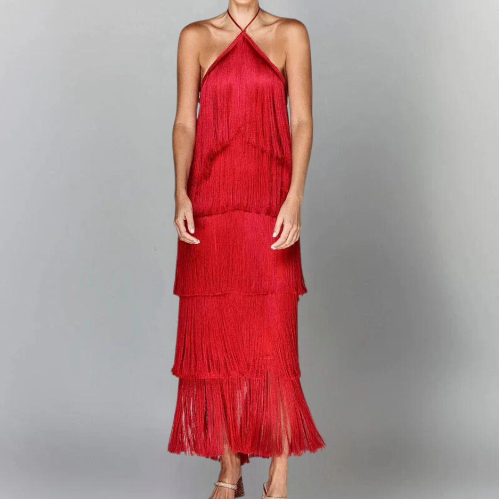 Women's Dress - Halterneck - Sleeveless - Ruffle Layer with Fringes - Elegant Party Look